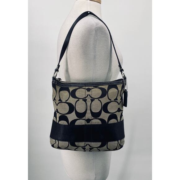 Vintage Y2k Coach Signature Stripe Logo Shoulder Bag Zip Top Canvas Black Gray - Picture 8 of 16